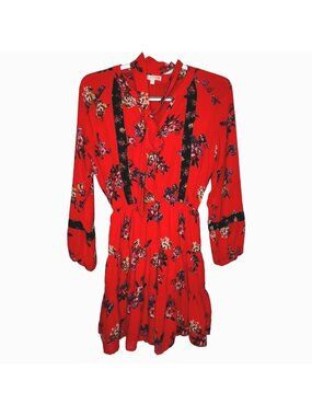 GB Red Floral Mini Dress Women Small Long Sleeve Boho Cottagecore